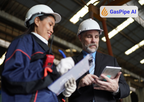 image of GasPipe AI  logo and workers man and woman with folders