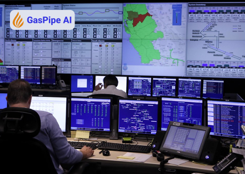 image of GasPipe AI  logo and men in front of multiple screens