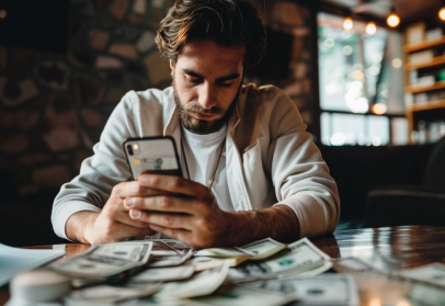 image of men with phone in front of table with dollar bills