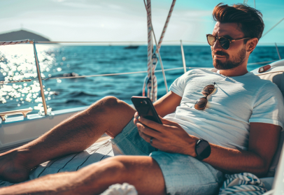 image of men with phone on yacht with sea in background